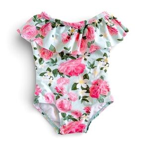 RuffleButts Rosy Sweetheart Ruffle One Piece Floral Swimsuit Baby Girls 12-18 m